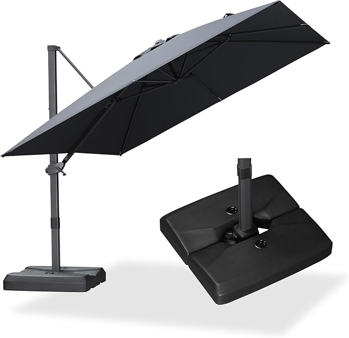 PURPLE LEAF 10' × 10' Patio Cantilever Umbrella with Base Outdoor Square Adjustable Offset Umbrellas with 360-degree Rotation and 8 Heavy Duty Metal Ribs for Garden Deck Pool Grey