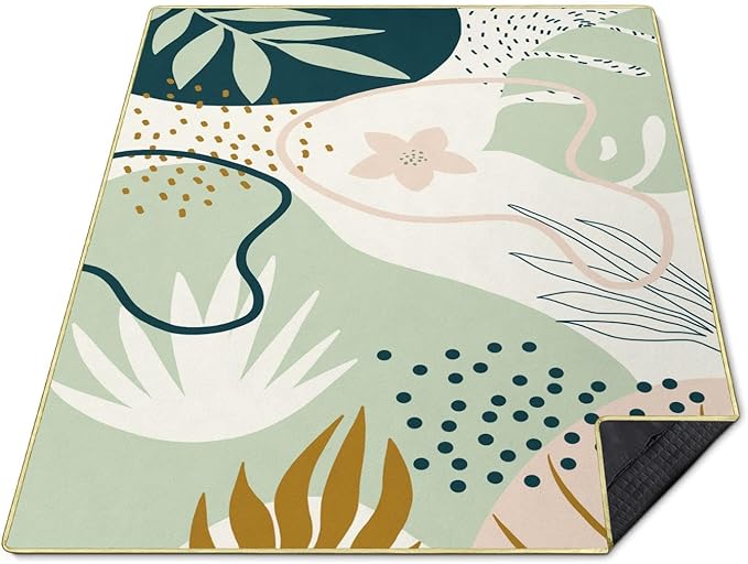 Green Botanical Picnic Blankets Waterproof Foldable, 60″X80″Boho Thick Picnic Mat Outdoor Blanket for Grass, Leaves Beach Blanket Sandproof Picnic Accessories for Camping Party Park Travel