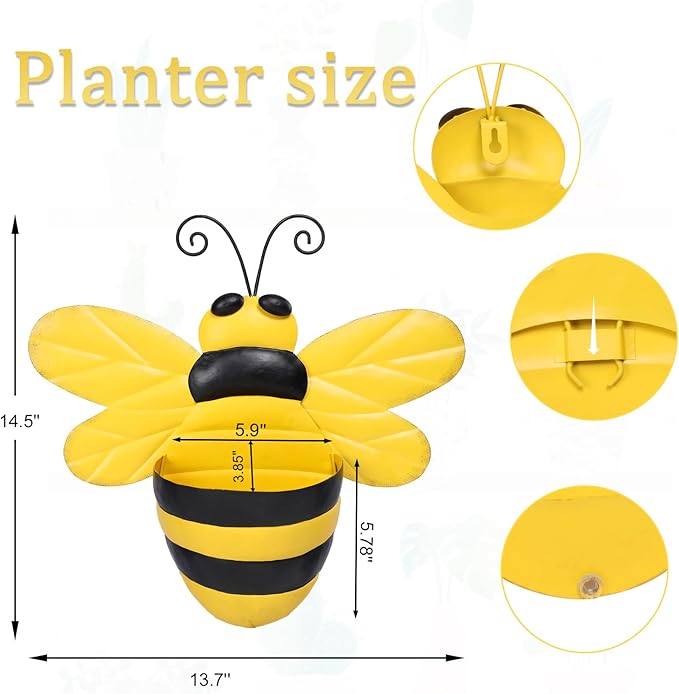 Metal Wall Planter Bee Wall Mounted Planters Small Flower Pot with Drainage for Indoor Outdoor Farmhouse Hanging Planter Succulent Plant Container Vertical Garden Yard Decor