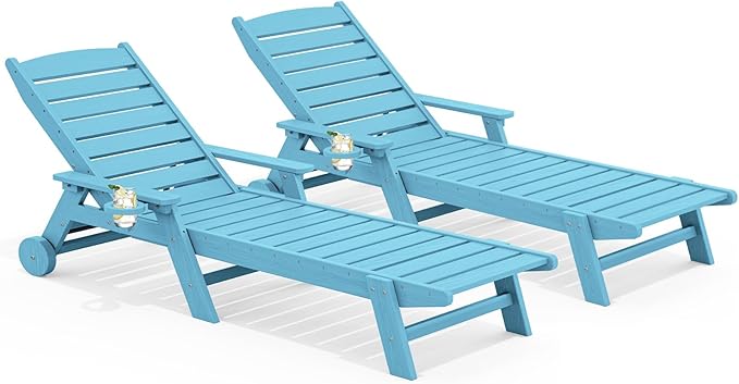 SERWALL Patio Chaise Lounge Chair Set of 2, 78'' Long 5-Positions Adjustable HDPE Outdoor Lounge Chair for Pool, Poly Lounge Chair with Rolling Wheels & Cup Holder for Poolside, Deck, Light Blue