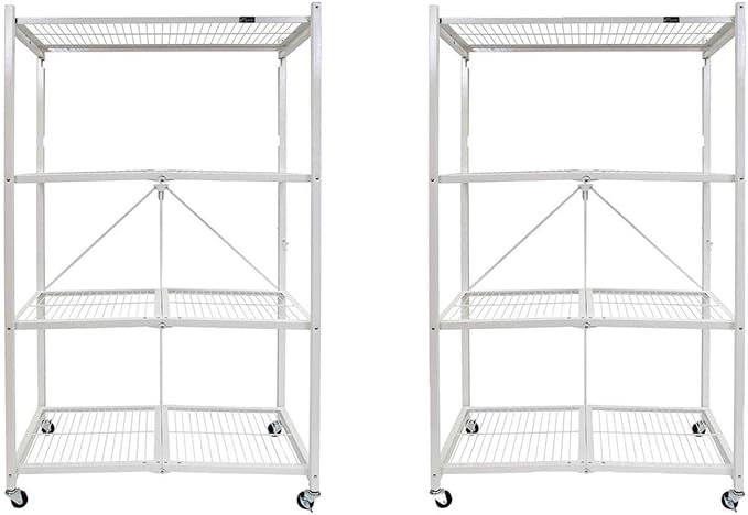 Origami 2-Pack R5 Storage Rack, 4-Tier Heavy-Duty Foldable Steel Shelf with Wheels, White