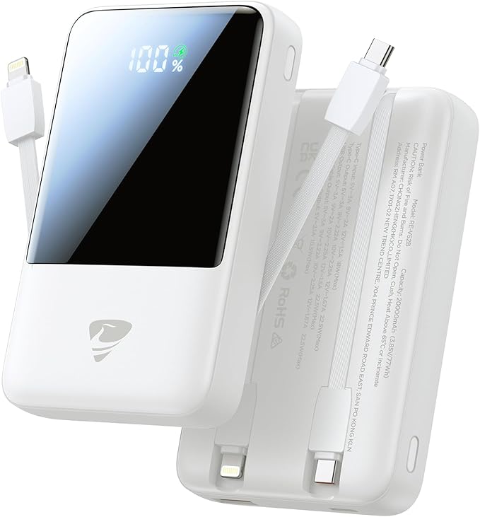 Aioneus 20000mAh Portable Charger, Power Bank with Built in Cables USB C 22.5W Fast Charging Battery Pack for iPhone 16 15 14 13 12 11 Pro Max, Samsung Galaxy S25 S24 S23 Android Phones (1Pack)