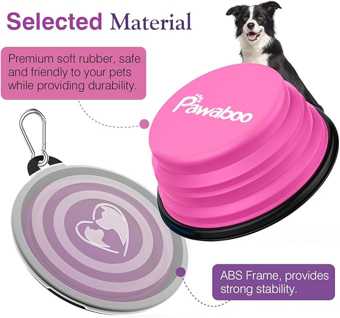 Pawaboo Collapsible Dog Bowls 2 Pack, Silicone Feeding Watering Bowls with Lids & Carabiners for Dogs Cats, Portable Water Feeder Food Bowl for Walking Traveling Home Use, 1000ml, Pink + Purple