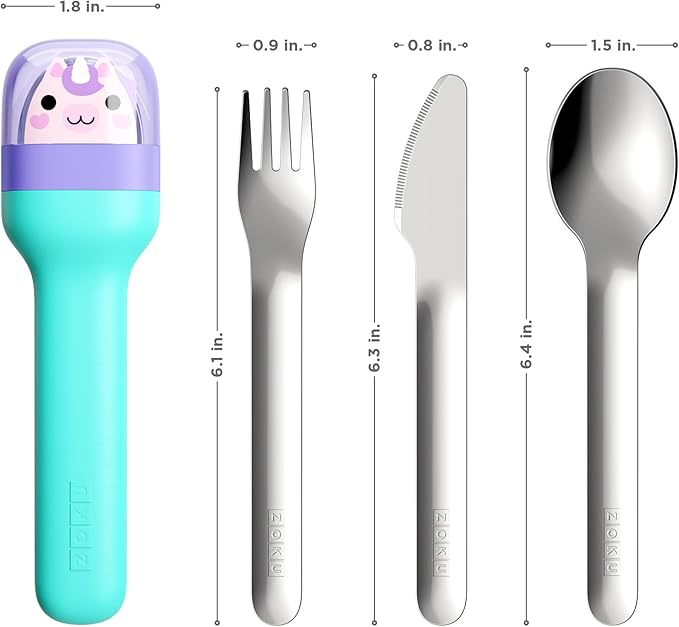 ZOKU Kids Pocket Utensil Set, Unicorn - Stainless Steel Fork, Knife, and Spoon in Case - Portable Design for Travel, School, Picnics, Camping and Outdoor Home Use