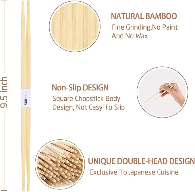 100 pairs Disposable Bamboo Chopsticks, 9.5 Inch Japanese Style Double Pointed Separate Chop sticks for Sushi & Asian Dishes