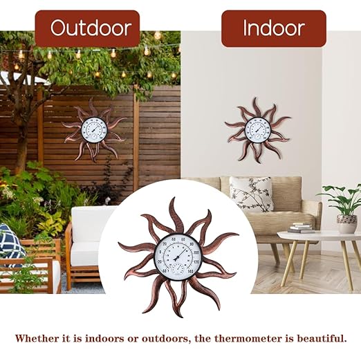 26'' Large Outdoor Thermometer, Premium Metal Sun Wall Thermometer Hygrometer No Need Battery, Decorative Indoor Outdoor Thermometer for Patio, Backyard, Garden, Living Room (Retro)