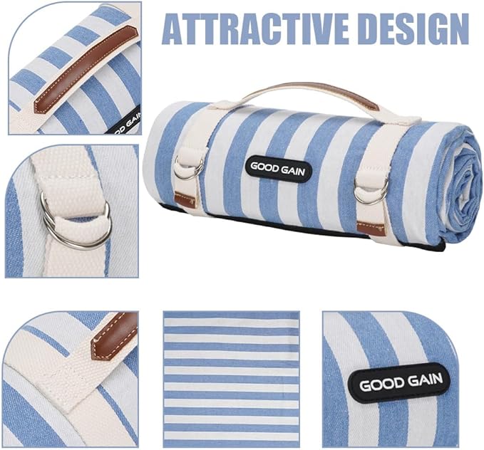 Picnic Outdoor Blankets Waterproof Extra Large - Beach Mat Sand Free Foldable with Carry Strap | Portable Camping Blanket | Park Blanket for Grass , Hiking, Travel, Concerts, Indoor (Cerulean Blue)