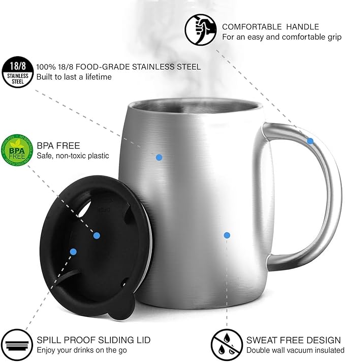 CHILLOUT LIFE Stainless Steel Insulated Coffee Mugs Set of 2 (14oz) – Double Wall Coffee Cups with Spill Resistant Lid & Strong Handle, Shatterproof Cups for Cold Drinks and Hot Beverages