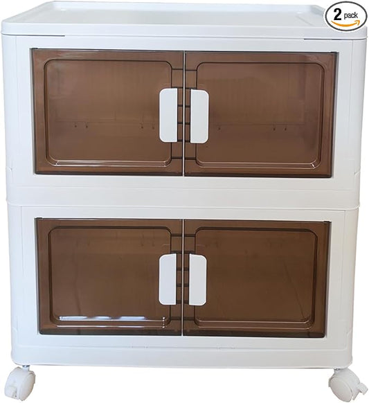 32 Gals Storage Bins with Lids - Folding Storage box with Doors and Wheels, Collapsible Plastic Storage Bins for Closets, Stackable Storage Organizer, (2 packs)