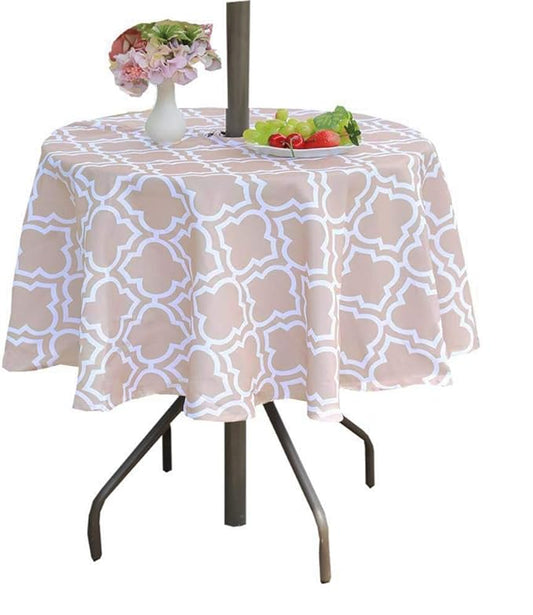 Poise3EHome 60 inches Outdoor/Indoor Waterproof Spillproof Round Tablecloth with Umbrella Hole for Camping, Picnic, Christmas Tree Skirt, BBQ, Khaki
