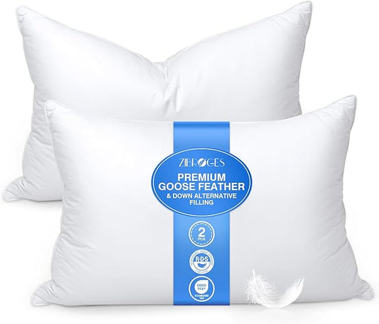 Ultra Soft Goose Feather Pillows Queen Size Set of 2 - (Down Fiber) Hotel Bed Pillow for Sleeping, Fluffy Support Surround Fill Polyester for Back, Stomach, Side Sleepers (Soft)