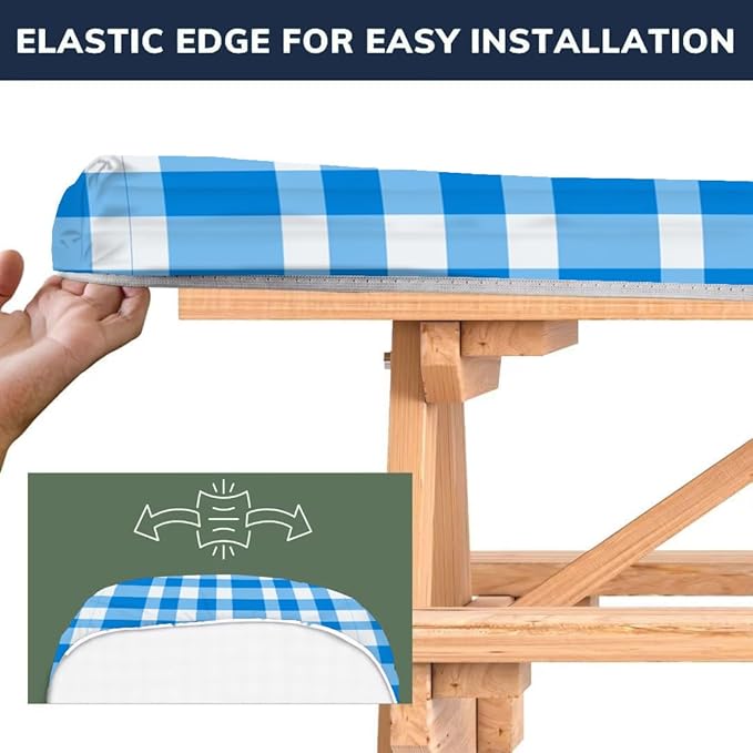 CAPSCEOLL Fitted Picnic Table Cover with Bench Covers with Elastic 8Ft Waterproof Camping Picnic Table Cover Cloths for Outdoors Camping Tablecloth with Drawstring Bag, 96X30in, Blue Checkered