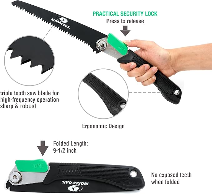 MOSSY OAK 3 in 1 Folding Saw, Pruning Hand Saw with Wood, Metal and PVC Blade, Camping Saw for Backpacking, Hunting and Bushcraft, Pouch Included