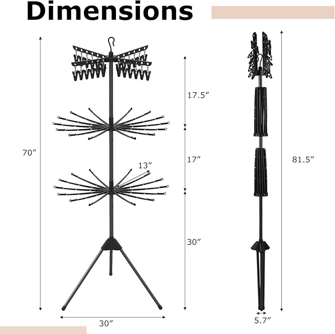 Giantex Tripod Clothes Drying Rack, 3-Tier Freestanding Folding Laundry Drying Rack w/24 Clips & 32 Rods, 70" Space Saving Towel Drying Stand w/360° Rotatable Arms for Laundry Room, Balcony, Black