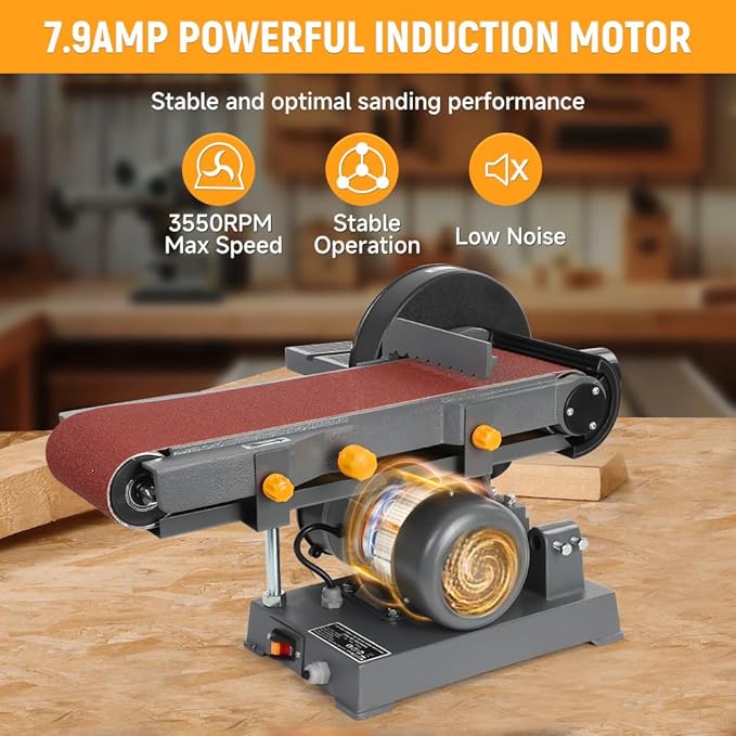 Hoteche 7.9-Amp 6-Inch x 48-Inch Belt and 9-Inch Disc Sander, 1-HP Power Combination Sander with Open Stand, Heavy-Duty Benchtop Sander for Woodworking and Metal, Dust Collection System
