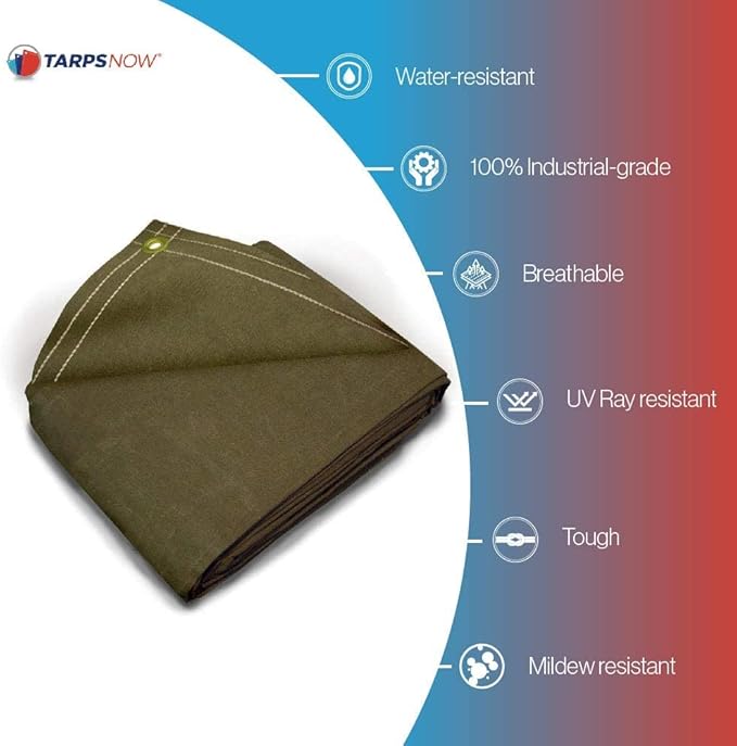 Tarps Now 8x10 ft Heavy Duty Canvas Tarp| 18 MIL Industrial Grade Fabric, Tear Resistance, Reinforced Edges, Brass Grommets | Ideal for Construction, Trucking, Manufacturing, Automotive –Olive Color