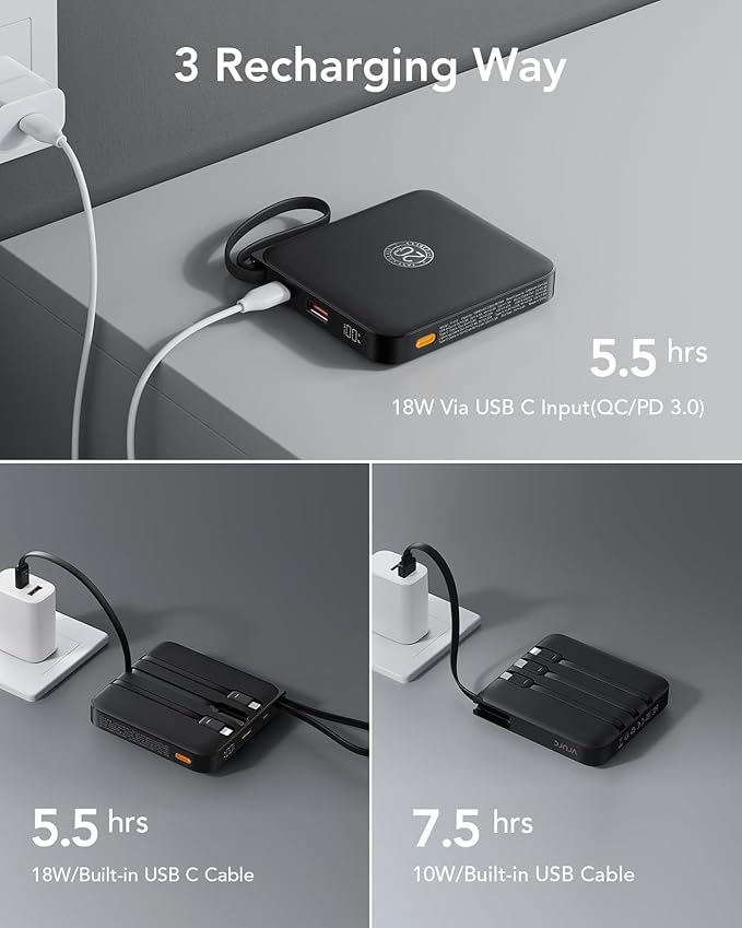 VRURC 20000mAh Portable Charger with Built-in Cables, Travel Essentials, 22.5W Fast Charging Power Bank for iPhone, Phone Battery Pack for iPhone 16 15 14 13 12 11 x Samsung Galaxy Series(1 Pack)