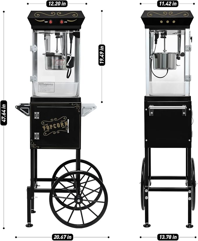 Popcorn Maker Machine - Professional Cart With 6 Oz Kettle Makes Up to 25 Cups, Stainless Steel Vintage Commercial Popcorn Machine Movie Theater Style (Black)