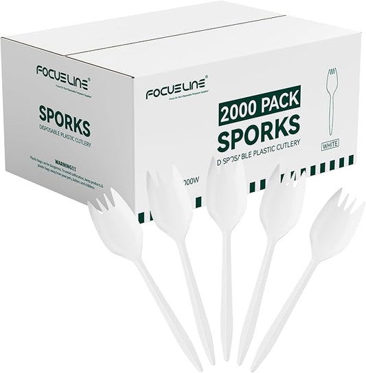 FOCUSLINE 2000 Pack White Disposable Sporks, Heat Resistant Plastic Sporks Bulk, Plastic Silverware for Take out Restaurants, Parties, Picnics, Travel & Any Events