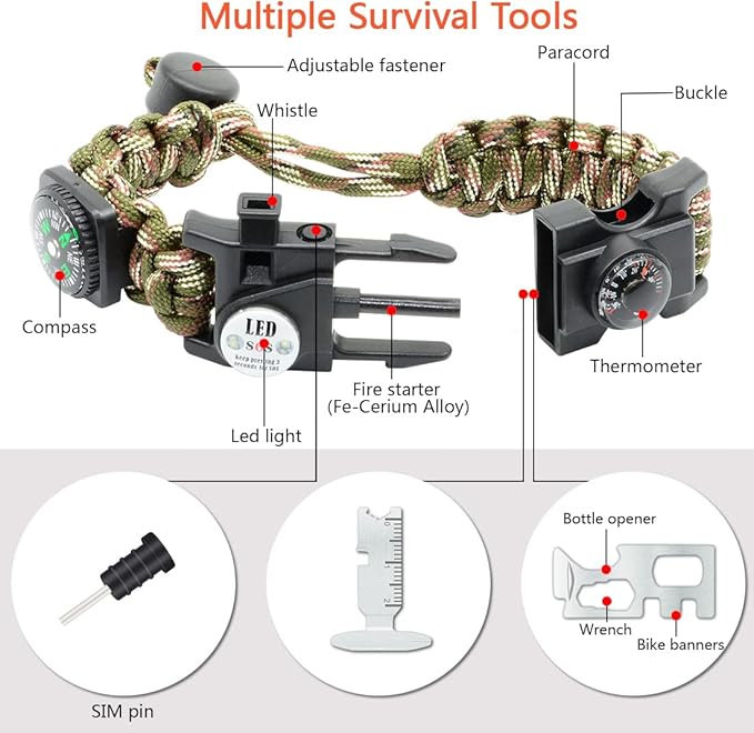 20 in 1 Survival Paracord Bracelet Adjustable Gear Kit with SOS LED Light, Fire Starter, Bigger Compass, Survival Whistle, Perfect for Camping, Hiking, Fishing