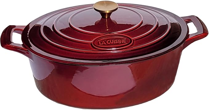 La Cuisine Enameled Cast Iron Oval Dutch Oven Casserole Dish Pot with Lid 5 QT Internal Matte Black Enamel Coating, Cranberry, Gold-Plated Stainless Steel Lid Handle, Oven Safe