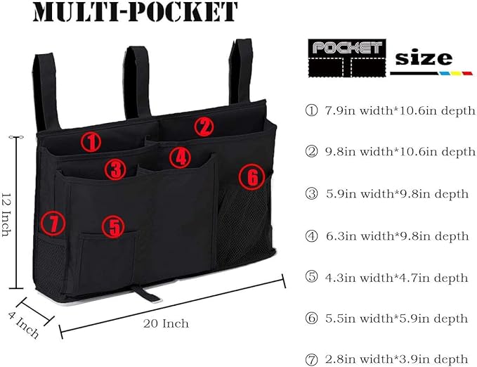 Bedside Storage Caddy, Hanging Storage Organizer Bag with 8 Pockets for Bunk Dorm Rooms, Hospital Bed Rails, Baby Bed, Camp (Black)