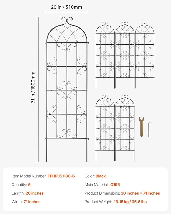 VEVOR Garden Trellis for Climbing Plants, 71 x 20 in, 6 Packs Rustproof Metal Garden Flower Trellis, Outdoor Climbing Rose Trellis Cucumbers Support, Decorative Clematis Trellis for Courtyards Lawns