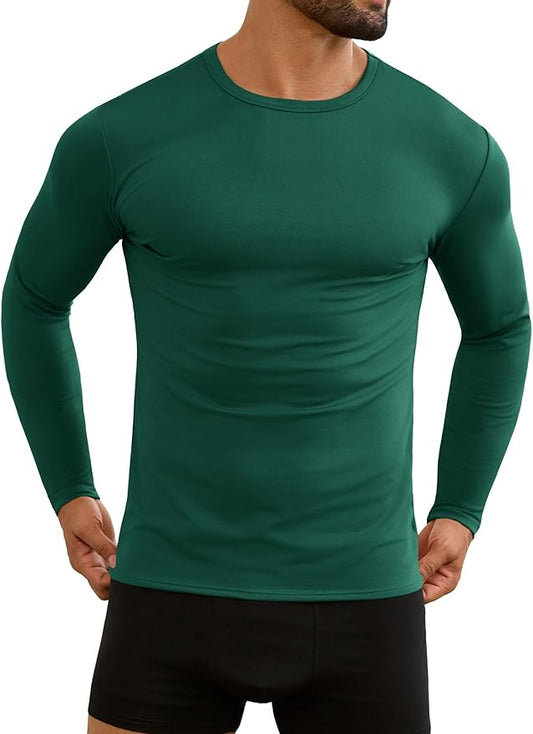 URRU Thermal Underwear for Men High Stretch Fleece Lined Long Sleeve Crewneck Thermal Shirts Base Layer Top Men Cold Weather