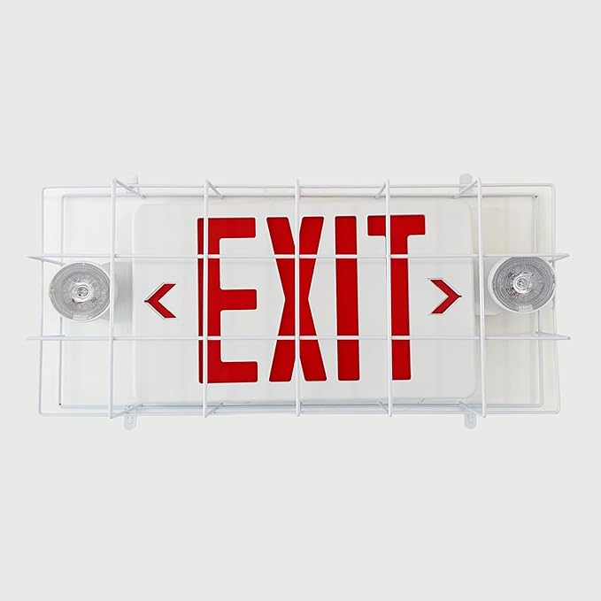 TANLUX Exit Sign Combo with Wire Cage, Round Light Head, Wall Mounted Emergency Exit Light with Protective Wire Guard, Red Exit Sign with Emergency Lights
