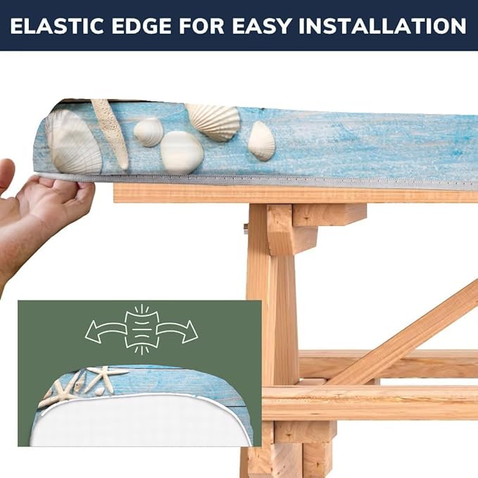 CAPSCEOLL Picnic Table Cover with Bench Covers 8Ft Waterproof Camping Tablecloth Sea Shells Outdoor Table Protector with Drawstring Bag for Camping Essentials, 96X30In, Summer Blue Wood