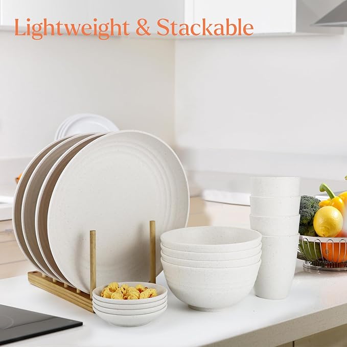 Wheat straw bowl and plate sets of 16 with cups - Unbreakable plastic dinnerware sets for kitchen - Microwave and Dishwasher safe dishes for kitchen,camping,indoors and out doors. White