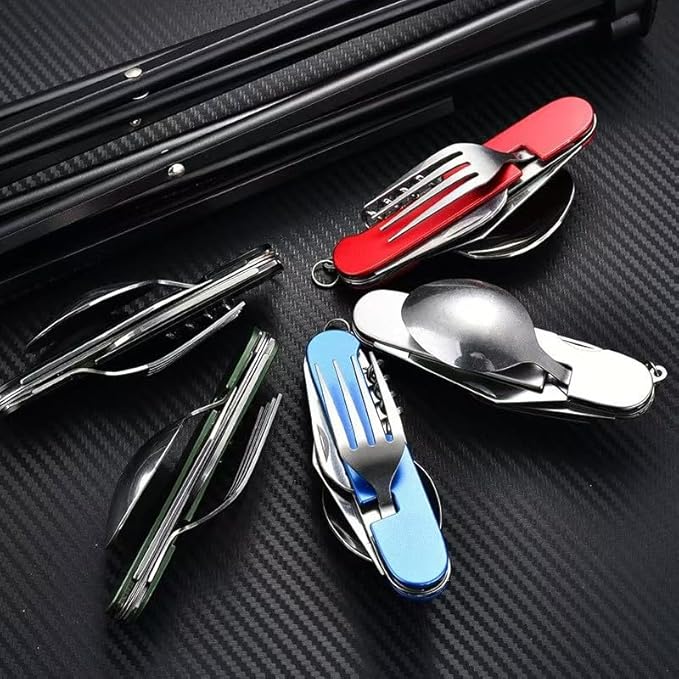 outdoor/camping 6-in-1 multi-function flatware silverware set, include knife, fork, spoon, corkscrew, bottle opener and fruit fork
