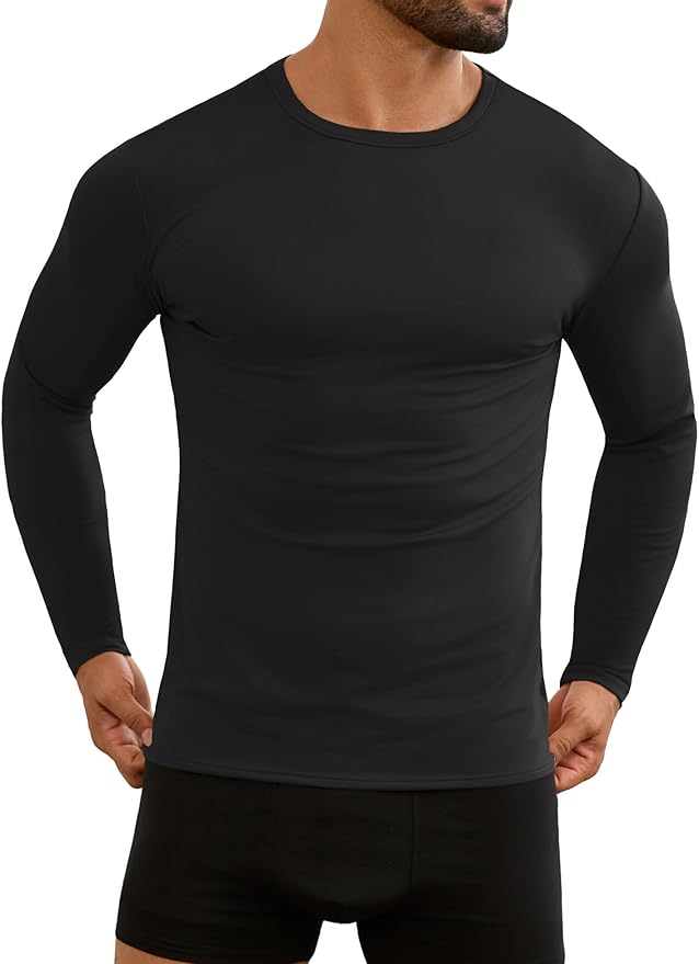 URRU Thermal Underwear for Men High Stretch Fleece Lined Long Sleeve Crewneck Thermal Shirts Base Layer Top Men Cold Weather