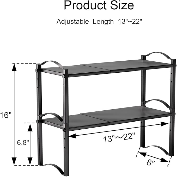 Expandable Cabinet Organizer Shelves, Countertop Shelf Organizers Storage for Kitchen Pantry, Spice Organization Rack, Desk Shelf, 2 Pack Stackable