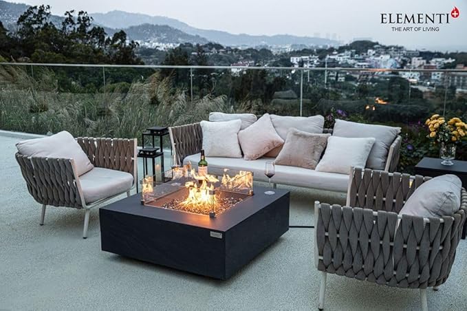 Elementi+ | Bundle Roraima Gas Fire Pit Cast Concrete 40" Square Fire Table, Outdoor Fire Pit Electronic Ignition | Canvas Cover, Fire Glass and Burner Lid Included | Dark Gray | Propane Gas