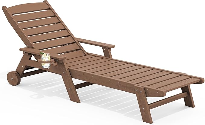 SERWALL Patio Chaise Lounge Chair, 78'' Long HDPE Outdoor Lounge Chair, 5 Positions Adjustable Poly Lounge Chair with Rolling Wheels & Cup Holder for Pool, Brown