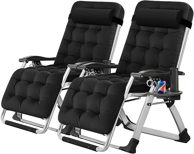 NAIZEA Padded Zero Gravity Chair, Folding Outdoor Lounge Chairs, Adjustable Reclining Camping Chairs with Cup Holder, Ergonomic Patio Lawn Chair for Balcony Beach Deck Yard