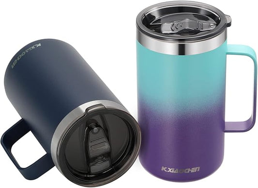 KXIAOCHEN 20oz Insulated Coffee Mug with Lid, Stainless Steel Coffee Cup, Double Wall Vacuum Coffee Tumbler with Handle, Premium Thermal Travel Coffee Mug (Blue Navy Purple 2Pack)