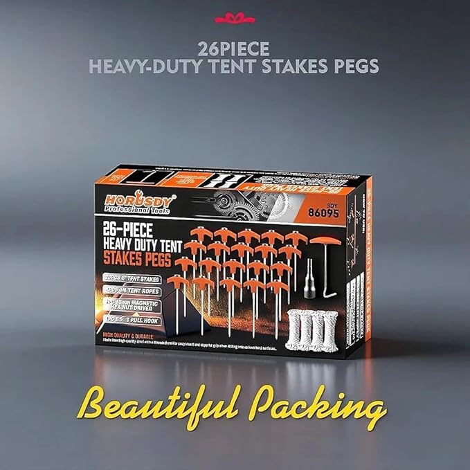 HORUSDY 26 Pack 20CM / 8-Inch Heavy Duty Tent Stakes Awning Pegs Camping Stakes with with 4x13ft Rope & 1 Stopper T Pull Hook