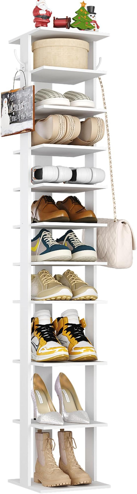 HOMEFORT 10-Tier Vertical Shoe Rack, Corner Shoe Tower, Slim Shoe Organizer with Two Hanging Hooks, Wooden Shoe Storage Stand for Entryway, Hallway, Closet (White)