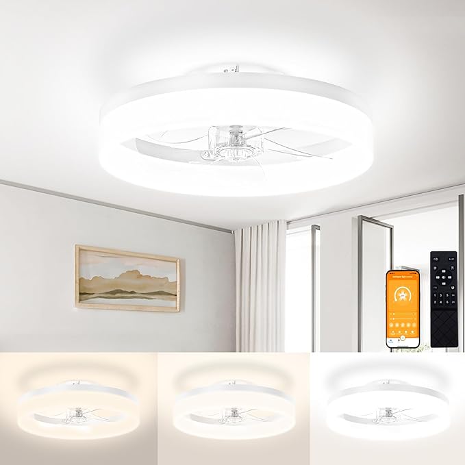 VOLISUN Low Profile Ceiling Fans with Lights and Remote,15.7in Modern Ceiling Fan Flush Mount, 3000K-6500K Dimmable Bladeless LED Fan Light,White Fandelier Ceiling Fans with Lights for Bedroom