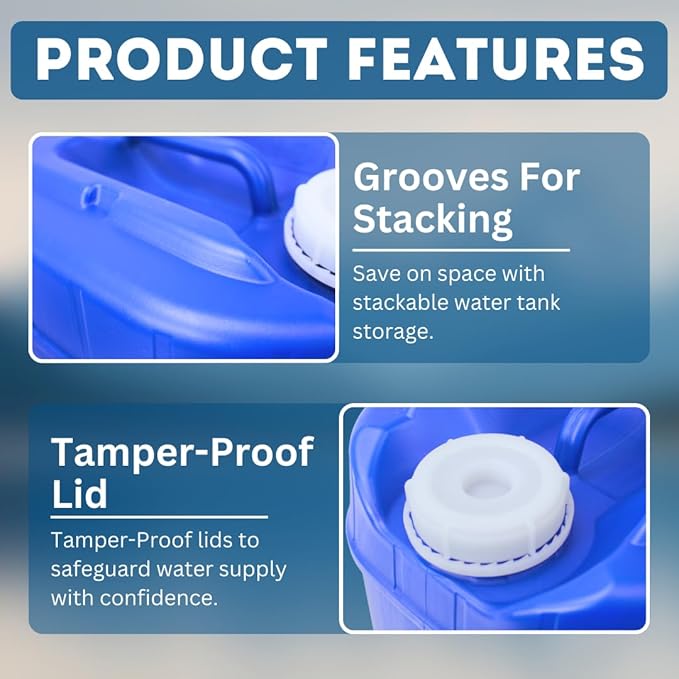 5-Gallon Stackable Water Storage Containers, 5 Gallons Each w/Lids + Spigot, Easy Fill, Survial Supply Emergency Water Storage for Camping and Disaster Preparedness, RV, 40 Gallon (8 Tanks)