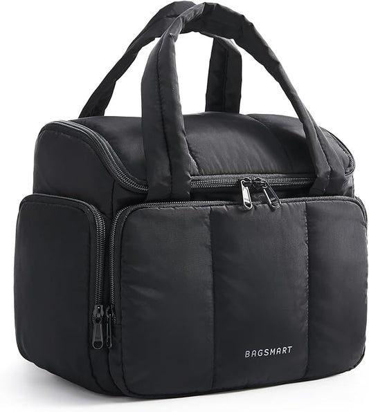 BAGSMART Travel Toiletry Bag for Women with Puffy Water-Resistant Fabric, Large Roomy Makeup Organizer for Travel-Sized Toiletries & Accessories, Black