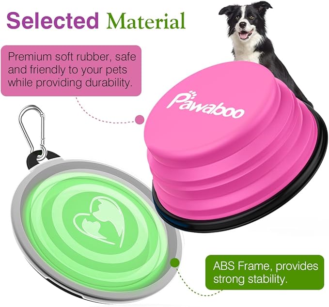 Pawaboo Collapsible Dog Bowls 2 Pack, Silicone Feeding Watering Bowls with Lids & Carabiners for Dogs Cats, Portable Water Feeder Food Bowl for Walking Traveling Home Use, Pink + Green