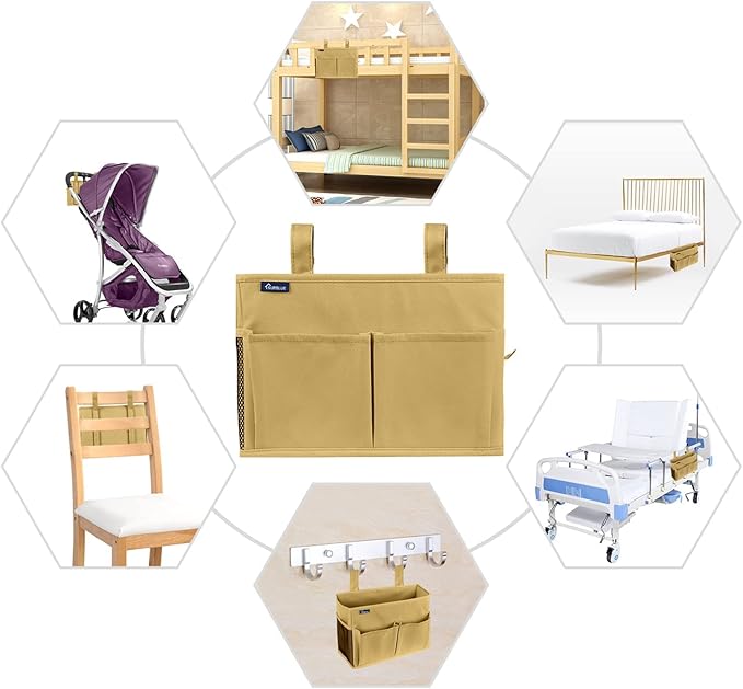 Surblue Bedside Caddy Hanging Organizer Bedside Storage Bag for Bunk and Hospital Beds (Small, Khaki)