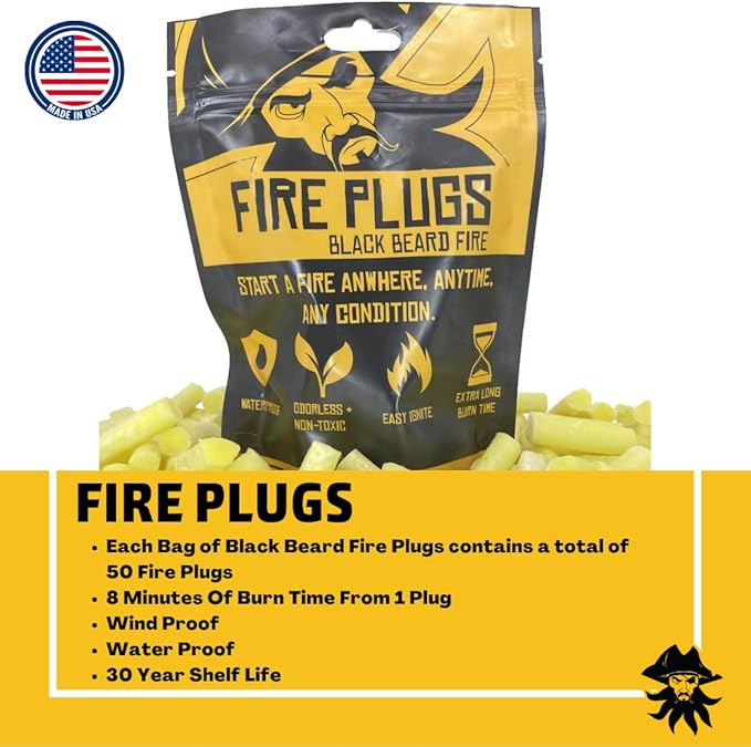 Black Beard Fire Plugs (50 Plugs) | 100% Weatherproof Fire Starter for Campfires | Can Light 50+ Fires | Extra Long Burn Time | 30 Yr Shelf Life for Emergency Survival Kits | Made in USA, Yellow