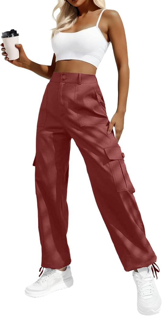 Lepunuo Women's High Waisted Cargo Pants Travel Y2K Streetwear Baggy Stretchy Pants with 6 Pockets Drawstring Ankle Cuffs