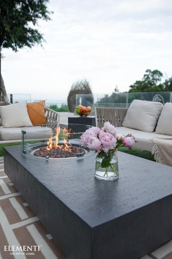 Elementi | Bundle Metropolis Gas Fire Pit Cast Concrete 56" Rectangular Fire Table, Outdoor Fire Pit Electronic Ignition | Canvas Cover, Lava Rock Included | Dark Gray (Natural Gas)