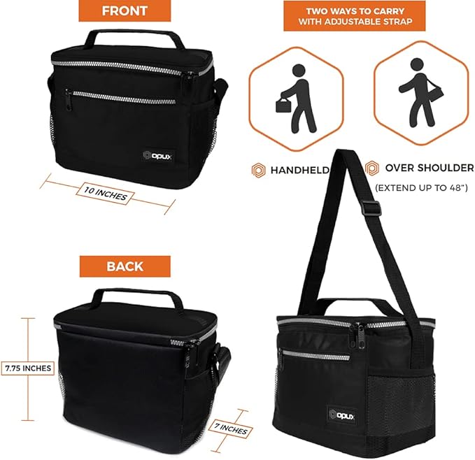opux Insulated Lunch Box Men Women, Lunch Bag for Work School, Leakproof Soft Cooler Tote Adult, Large Lunch Pail Kids Boys Girls, Picnic Beach Food Bag with Shoulder Strap, Black