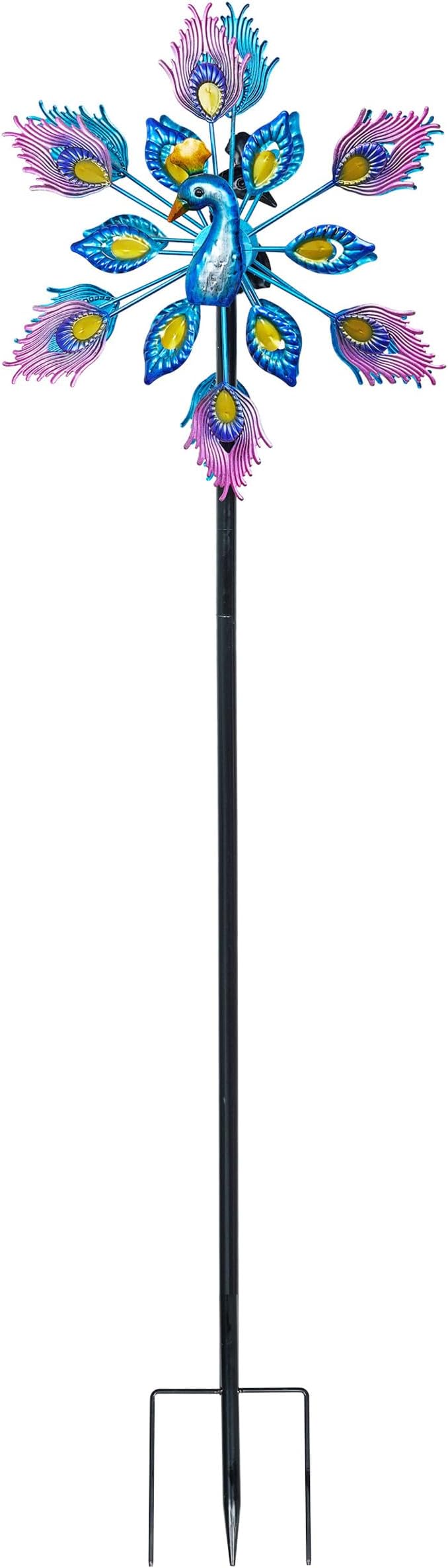 Alpine Corporation SLL2430 Double Layer Peacock Kinetic Wind Spinner Garden Stake, Colorful Statement Garden Décor, 55" H